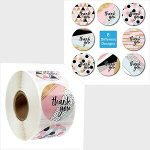 New 500 Piece Roll Self-Adhesive Thank You Stickers - 8 Designs